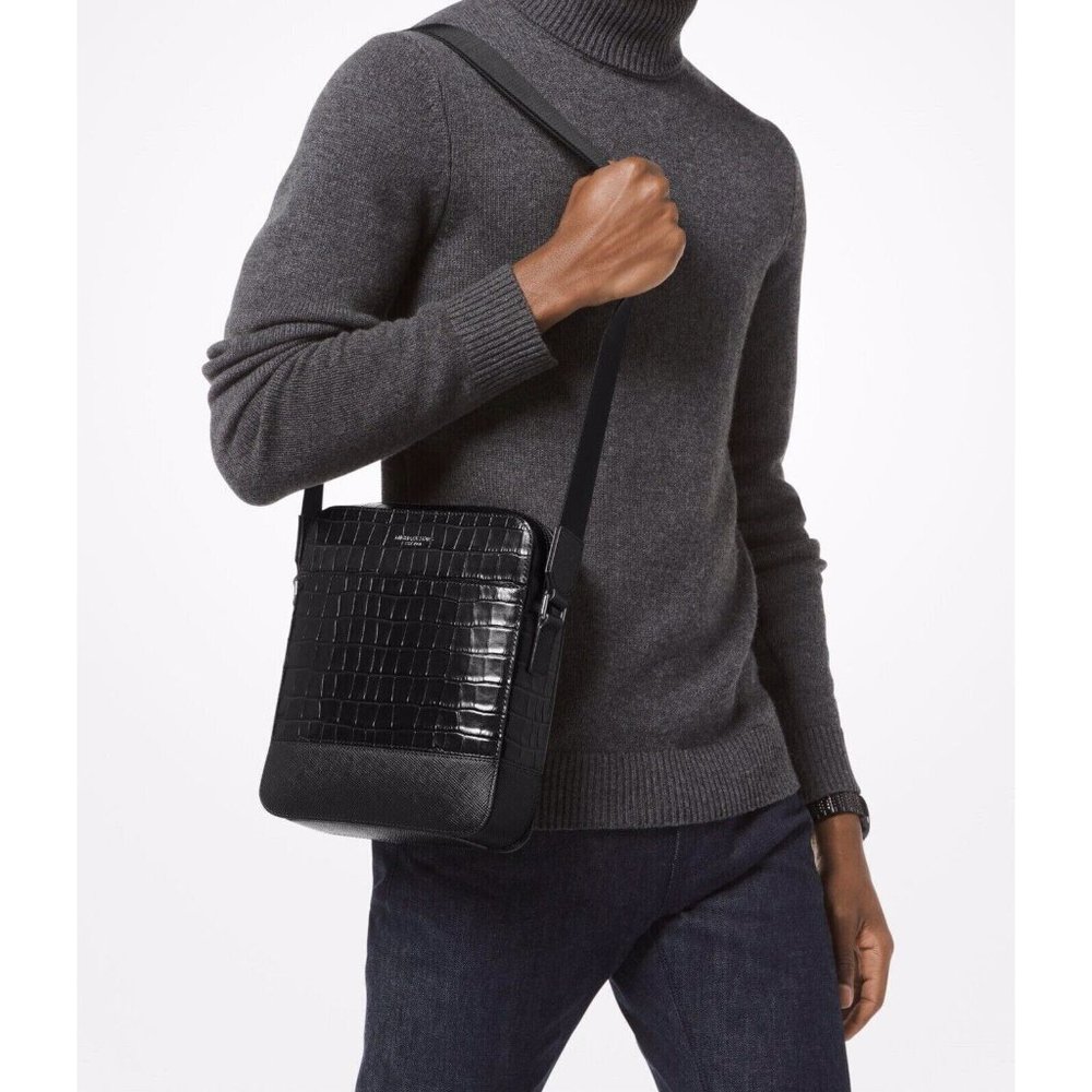 Michael Kors 'Harrison' croc-embossed black leather flight bag